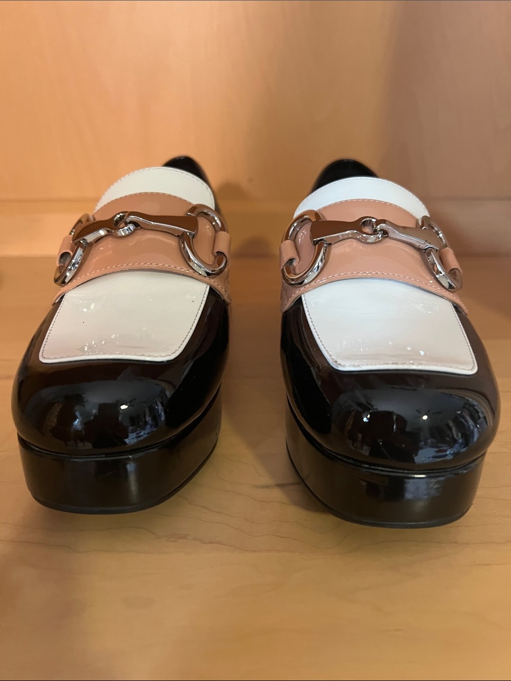 Jeffrey Campbell Black White and Beige Patent Horsebit Platform Loafers - Picture 7 of 9